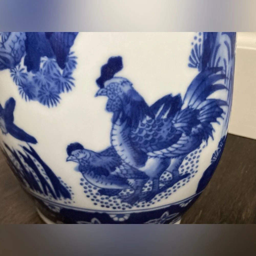 Formalities by Baum Bros Blue White Chinese Vase with Birds Trees Roosters Owl